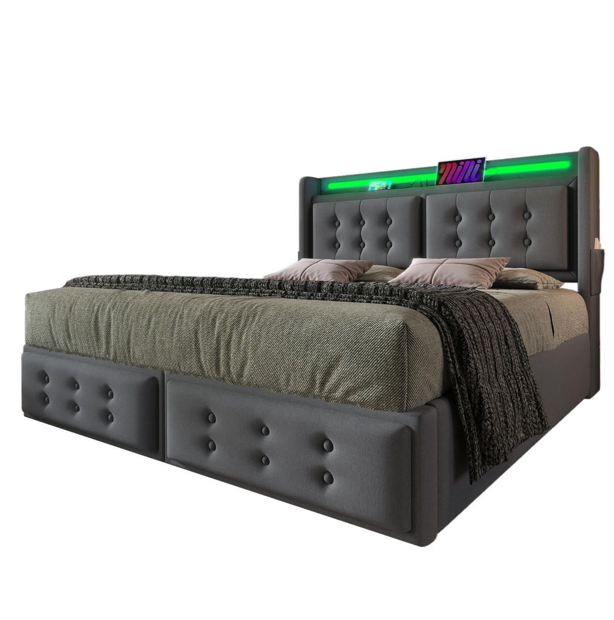 POLSTERBETT 160/200 cm Grau mit LED-Beleuchtung und USB-C-Ladeanschlüssen - Grau, Textil (160/200cm) - OKWISH