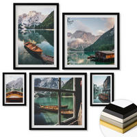 WANDBILDER 5er-Set - 50x50 cm & 20x30 cm & 40x60 cm Schwarzer Rahmen - See, Berge, Boote, Hütte, Fenster - Schwarz, Kunststoff (40/60cm) - ArtPrintCave