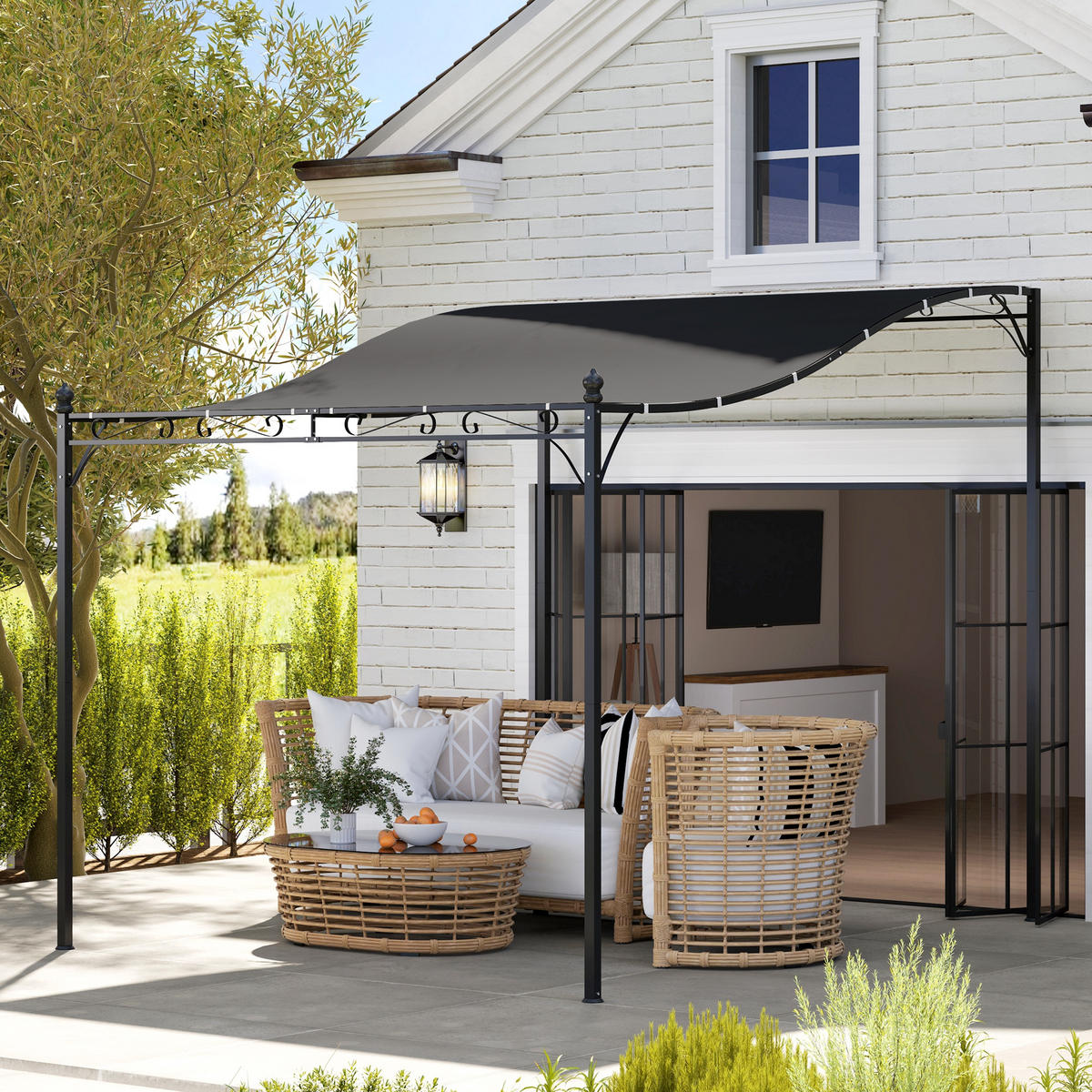 ANBAUPAVILLON Pergola mit Dach - Dunkelgrau, Metall (298/250/248cm) - Outsunny