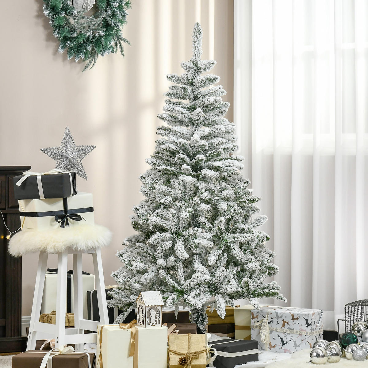 WEIHNACHTSBAUM 150 cm Künstlicher Kieferbaum mit Kunstschnee, 358 Astspitzen - Weiß/Grün, Kunststoff/Metall (150cm) - HOMCOM