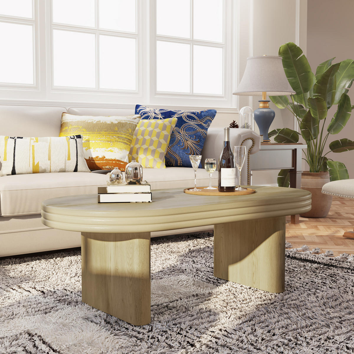 COUCHTISCH 120x60x41,5 cm oval mit geriffelter Front, Natur - Naturfarben, Holzwerkstoff (60/120/41.5cm)