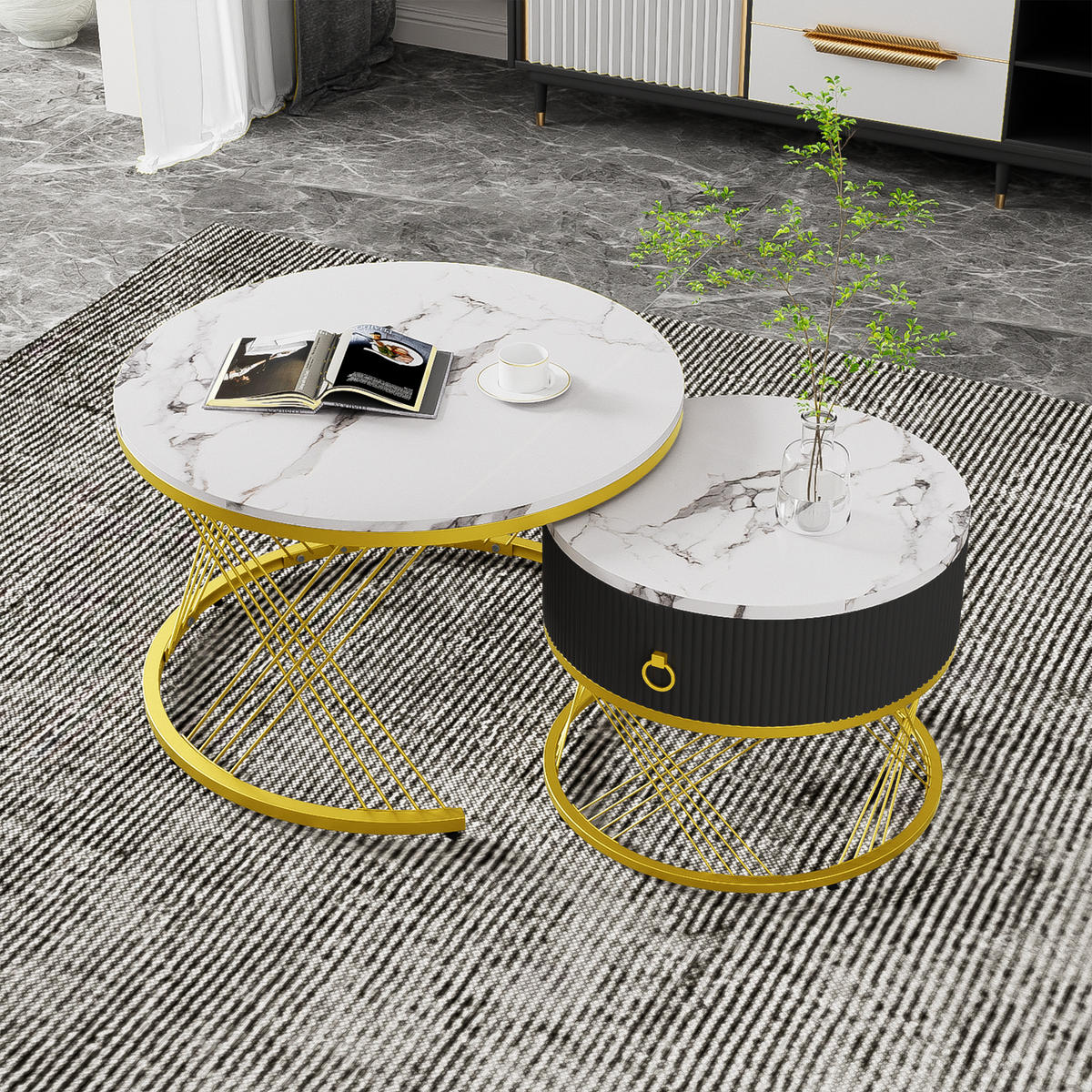 COUCHTISCH 2er Set Marmoroptik Gold - Weiß, Holz (70/70/45cm) - Fortuna Lai