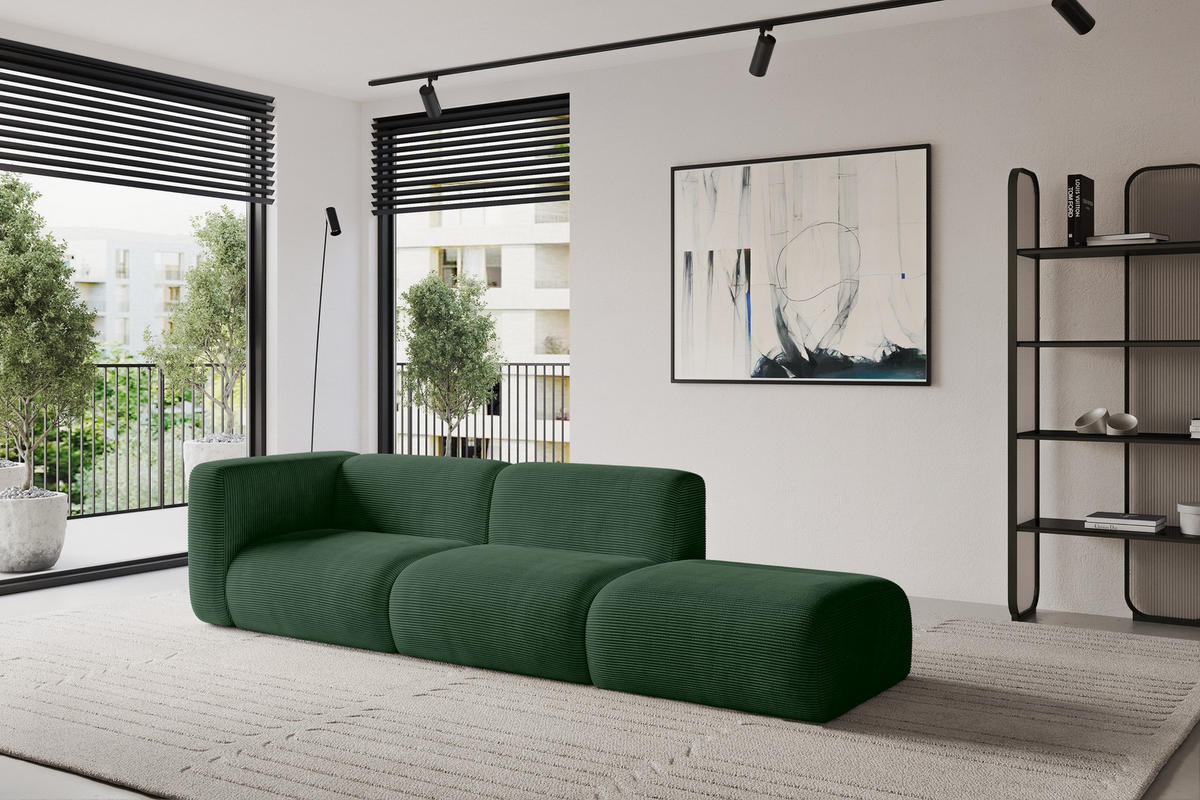 SOFA Ottomane Links MIRA-S3 296x89x70 Grün Cord - Salbeigrün/Schwarz, Holzwerkstoff/Kunststoff (296/70/89cm) - ALTDECOR