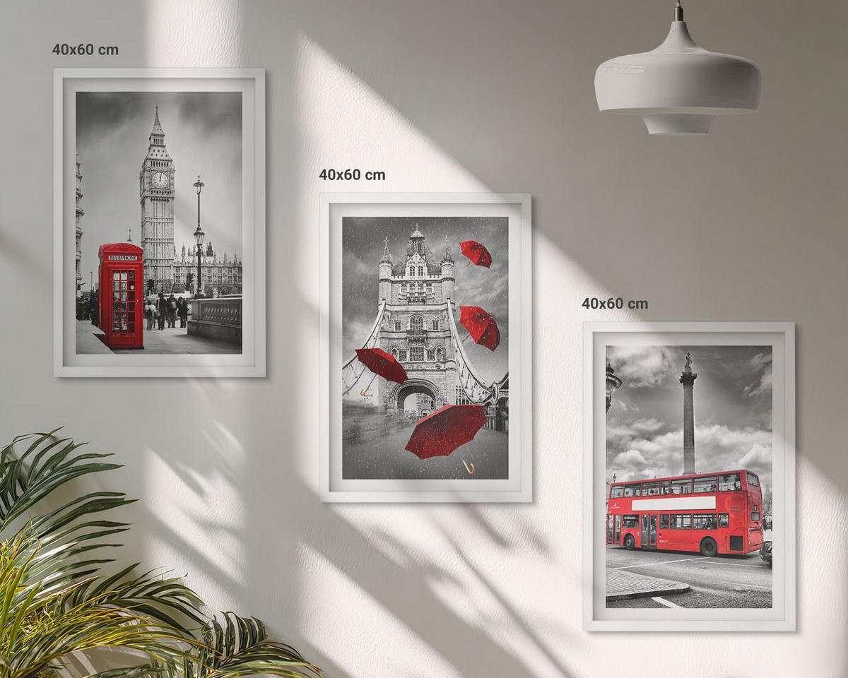 BILDER SET 3er Set - 40x60 cm Weißer Rahmen - Roter Regenschirmstand und Londoner Bus - Weiß, Kunststoff (40/60cm) - TULUP