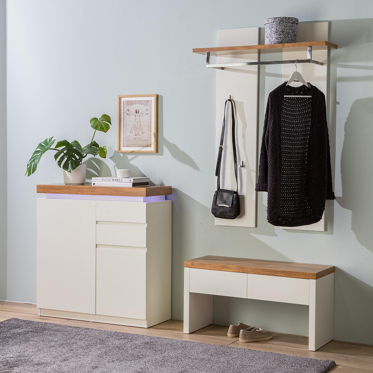 SCHUHKOMMODE - Inkl. Beleuchtung - Eichefarben/Weiß, Holzwerkstoff (91/97/38cm) - home24