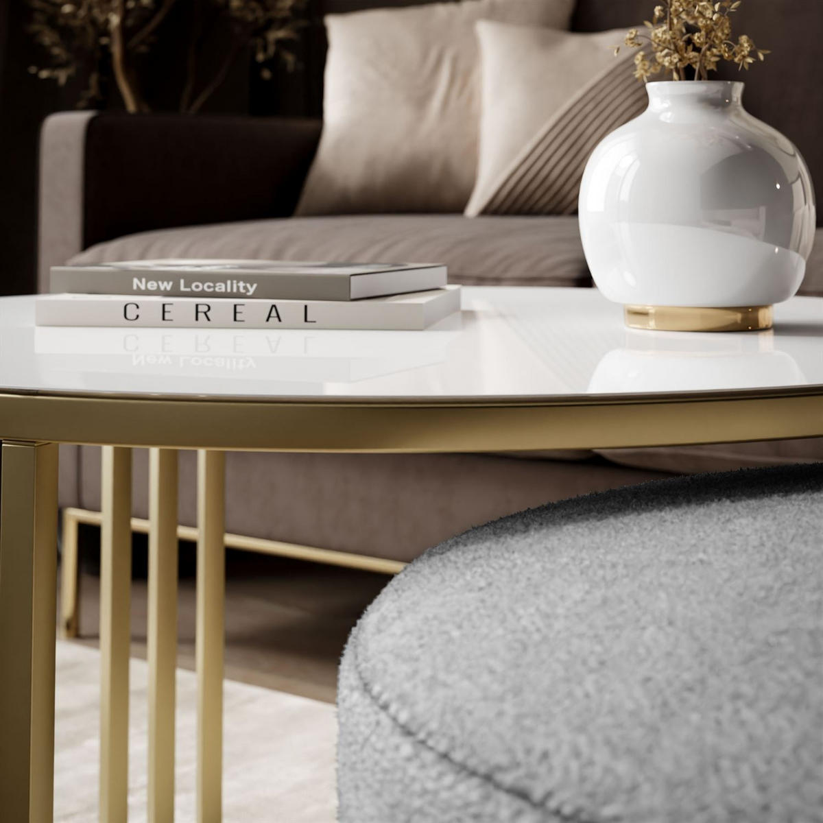 COUCHTISCH mit Hocker LORI GLASS gebürstetes Gold/weißes Glas/Perfect Harmony 82 - Weiß, Metall (70/70/49cm) - Lookway