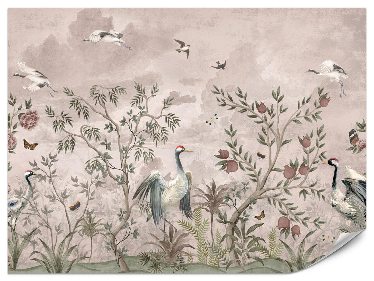 FOTOTAPETE für Schlafzimmer Kraniche Bäume Tropische Blumen Büsche 500x350 - Beige/Rot, Papier (500/350cm) - Muralo