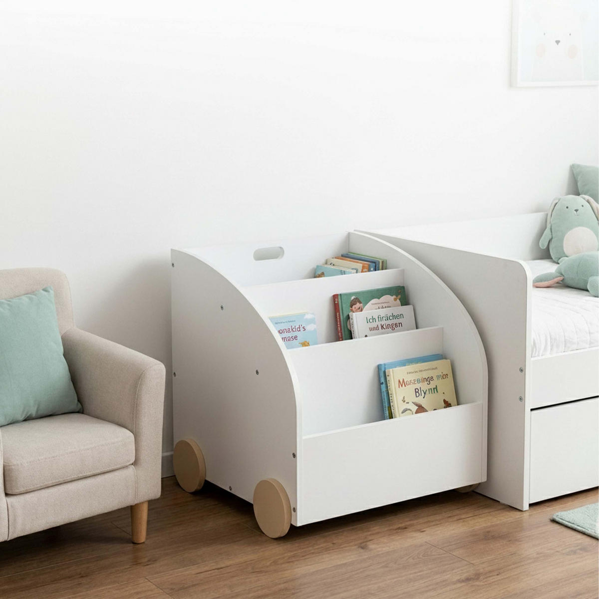 BIBLIOTECĂ Alb natural copii 3-compartimente cu roți - alb, compozit lemnos (46/43.5/40cm) - Relaxdays