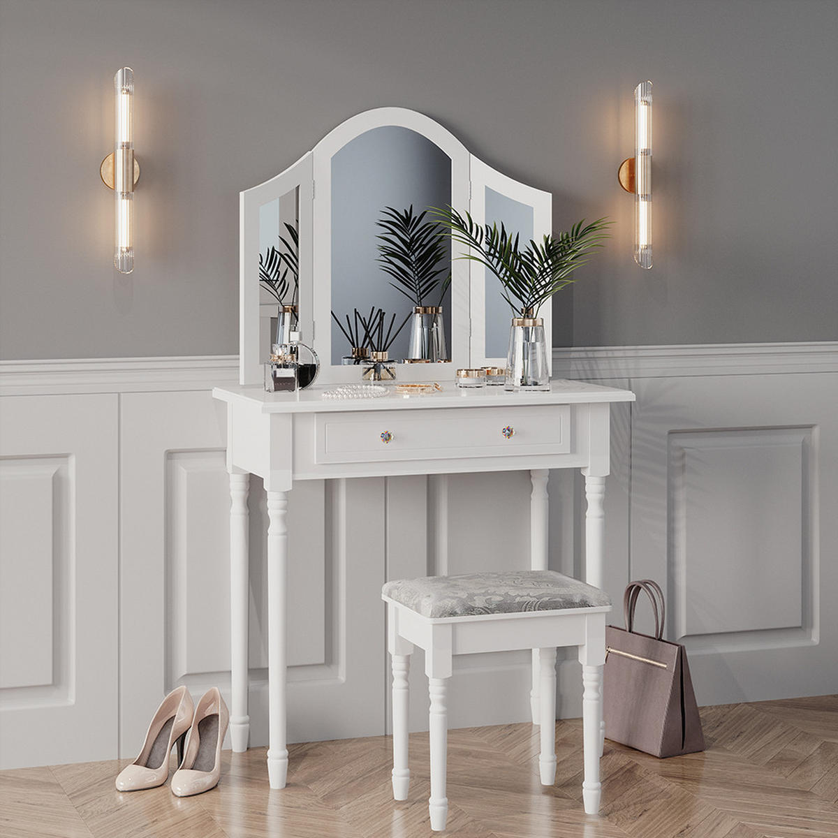 SCHMINKTISCH Kate Weiß 80 cm mit Hocker - Weiß, Holzwerkstoff (80/133.5/40cm) - Vicco