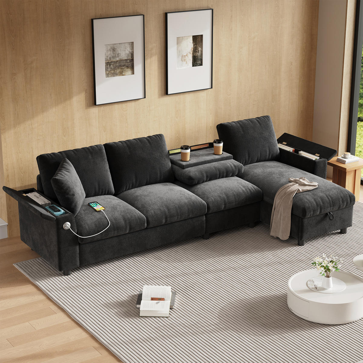 ECKSOFA Chenille Grau mit Schlaffunktion, Stauraum und USB - Grau, Holzwerkstoff/Kunststoff (280/137cm) - WISHDOR