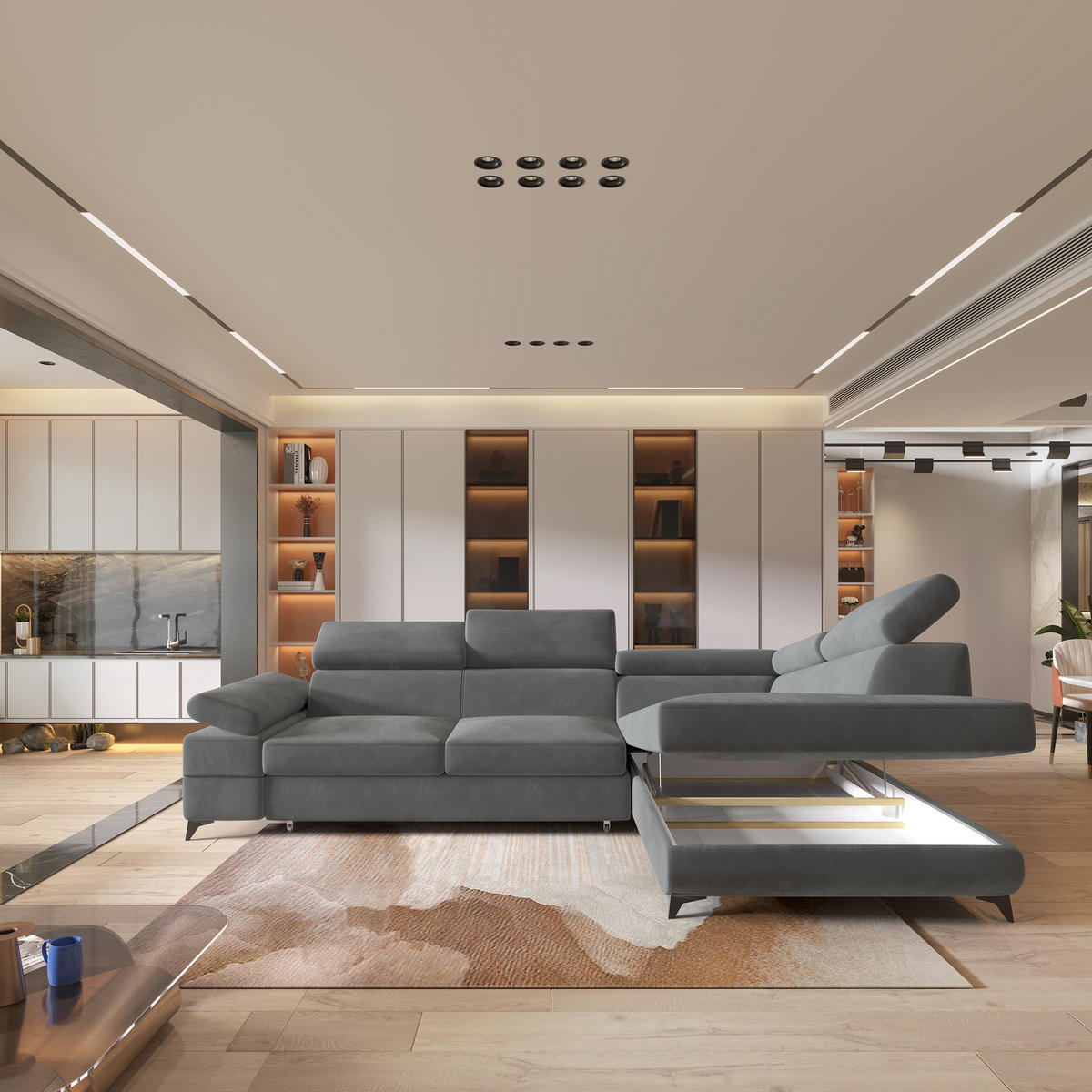 ECKSOFA FAVIEN R-S Grau Velours-Stoff mit Schlaffunktion - Grau, Holz (257/190cm) - MASSENO
