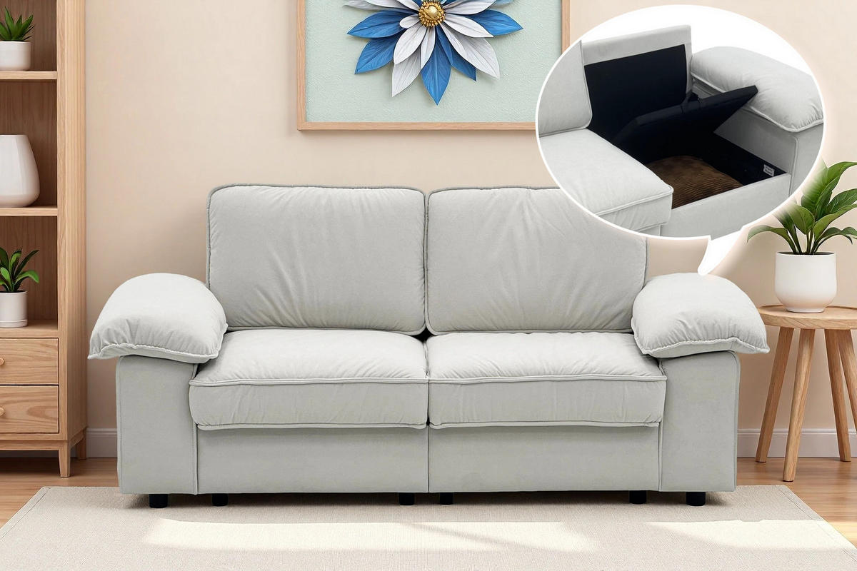 SOFA mit Stauraum Kurzplüsch-Polyester Bezug und Taschenfederkern 201/91/89 cm Creme - Creme, Textil (91/89/201cm) - Redom