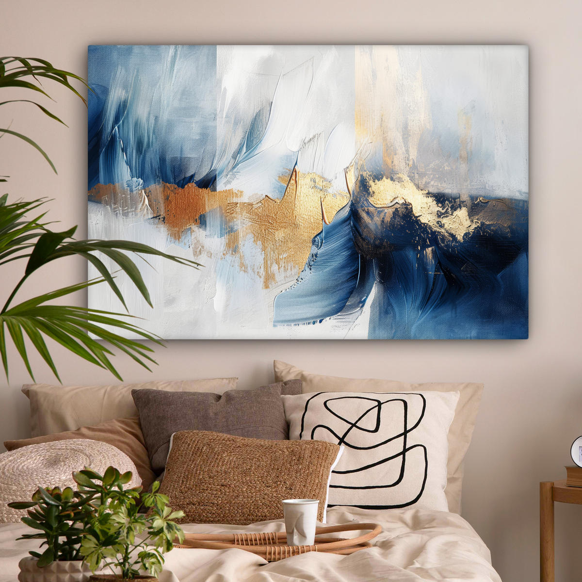 LEINWANDBILD Gold - Blau - Aquarell - Kunst - Modern Groß 140x90 cm - Hellblau, Textil (140/90cm) - MuchoWow