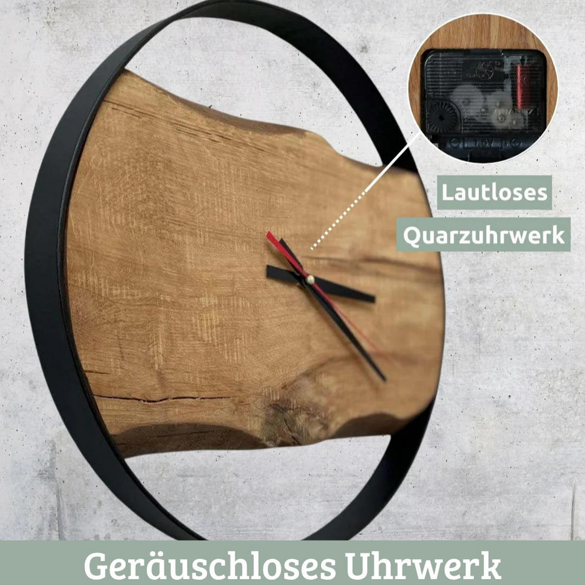 WANDUHR groß Holz PHIL HANDGEFERTIGT 58 cm ⌀ Eiche Geräuschlos - Braun, Holz (58/58/4cm) - DELUKE