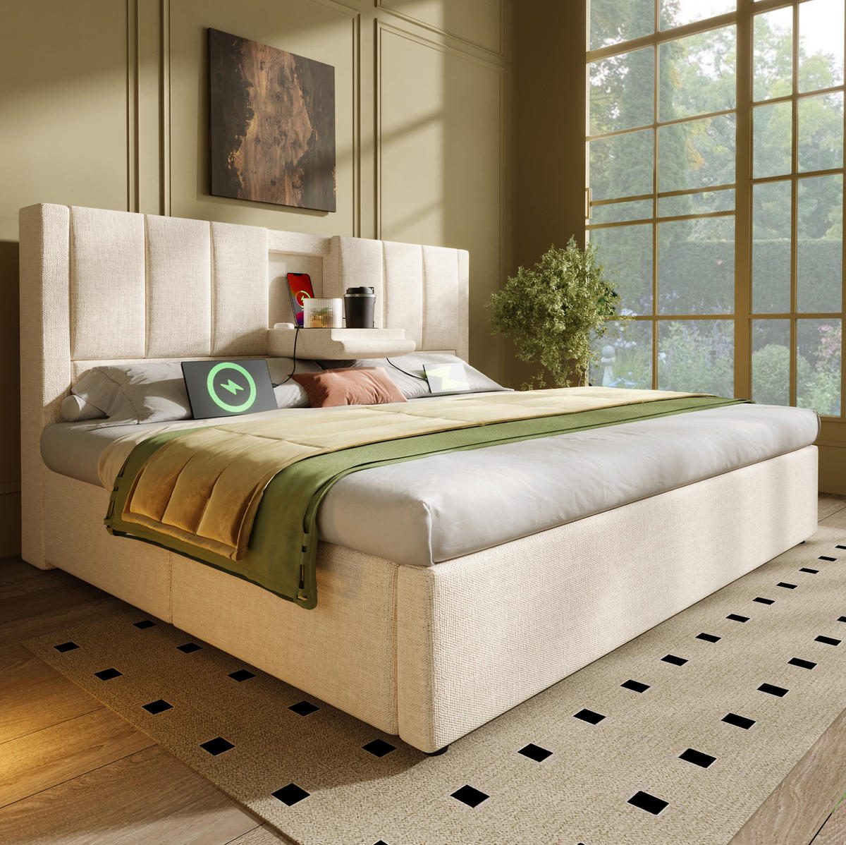 POLSTERBETT 180/200 cm aus Leinen mit Stauraum und Ladestation Beige - Beige, Textil (180/200cm) - Modenvie