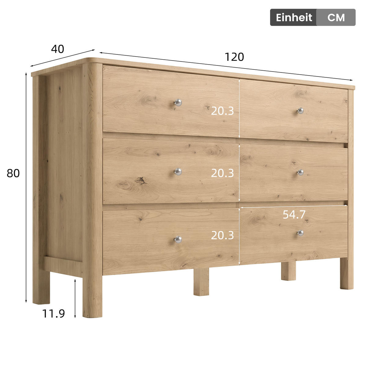 KOMMODE DE-38200 120/40/80 cm mit 6 Schubladen Eiche/Silber - Eichefarben, Holzwerkstoff (120/80/40cm) - ComfortXL