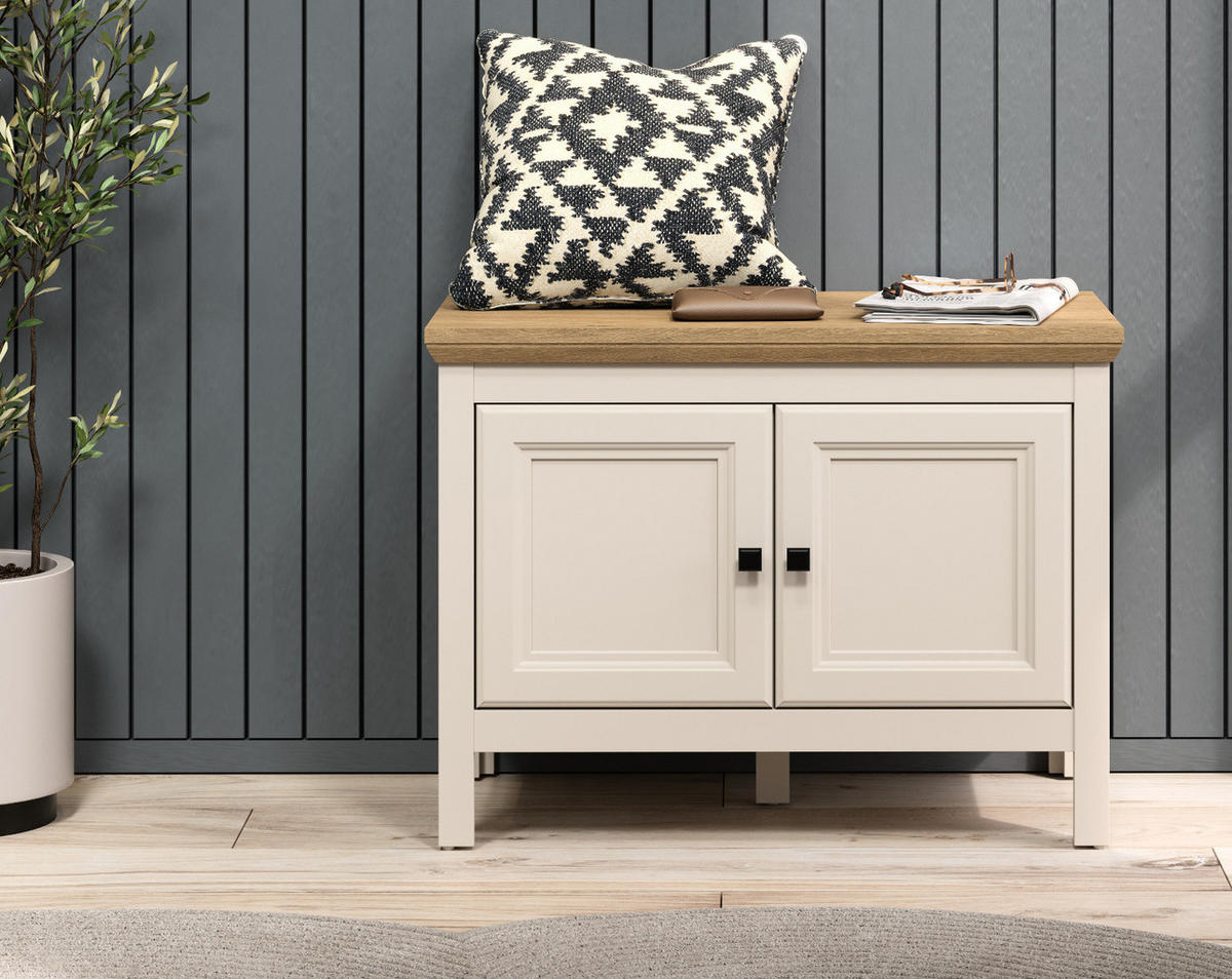 GARDEROBENBANK Kaschmir, Stein Eiche Landhaus 76 cm, Sitzbank mit Soft-Close - Kaschmir/Eichefarben, Holzwerkstoff/Kunststoff (76/57/41cm) - Top.Furn