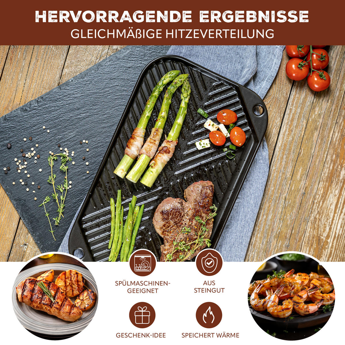 GRILLPFANNE, schwarz, Steingut - Schwarz, Keramik (40/2/23cm) - bremermann