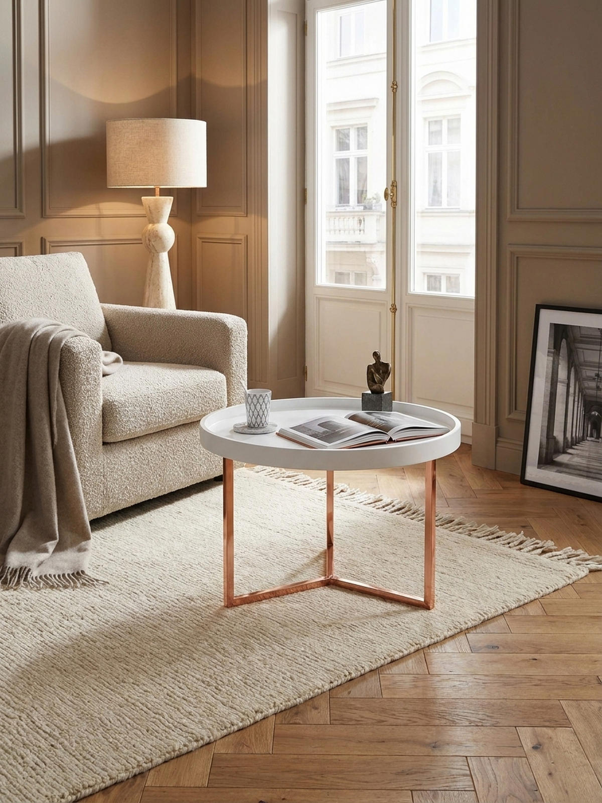 SOFATISCH LIA Rund mit Metallgestell, abnehmbares Tablett und Anti-Rutsch-Noppen, Bronze 58 x 58 x 42 cm - Bronzefarben, Holz/Metall (58/58/42cm) - KADIMA DESIGN