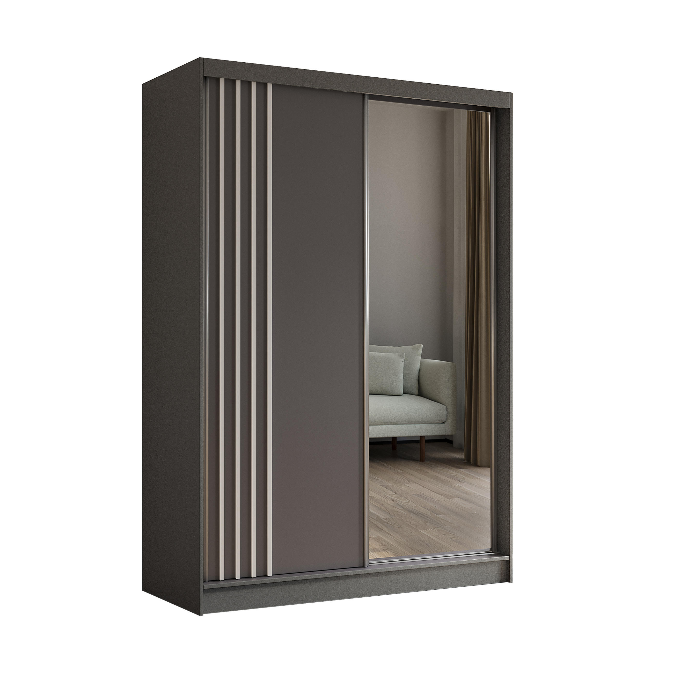 KLEIDERSCHRANK mit Spiegel-Schiebetüren und Aluminium-Leisten, LED-Beleuchtung - NALLA - 150 cm Grau+Grau+Weiß - Weiß/Grau, Holzwerkstoff (150/216/61cm) - ALTDECOR