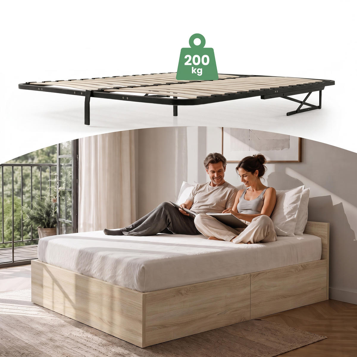 BETT mit Bettkasten 140x200 cm Metalllattenrost Sonoma Eiche - Sonoma Eiche, Holzwerkstoff (140/200cm) - Akord
