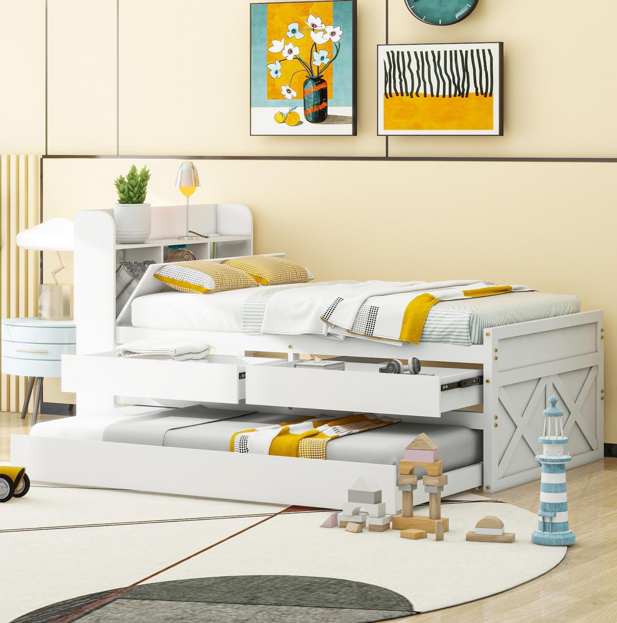 EINZELBETT aus Massivholz 90x190 cm Weiß mit Ausziehbett, Schubladen, Nachttisch und USB-Anschluss - Weiß, Holzwerkstoff (90/200cm) - IVMEU