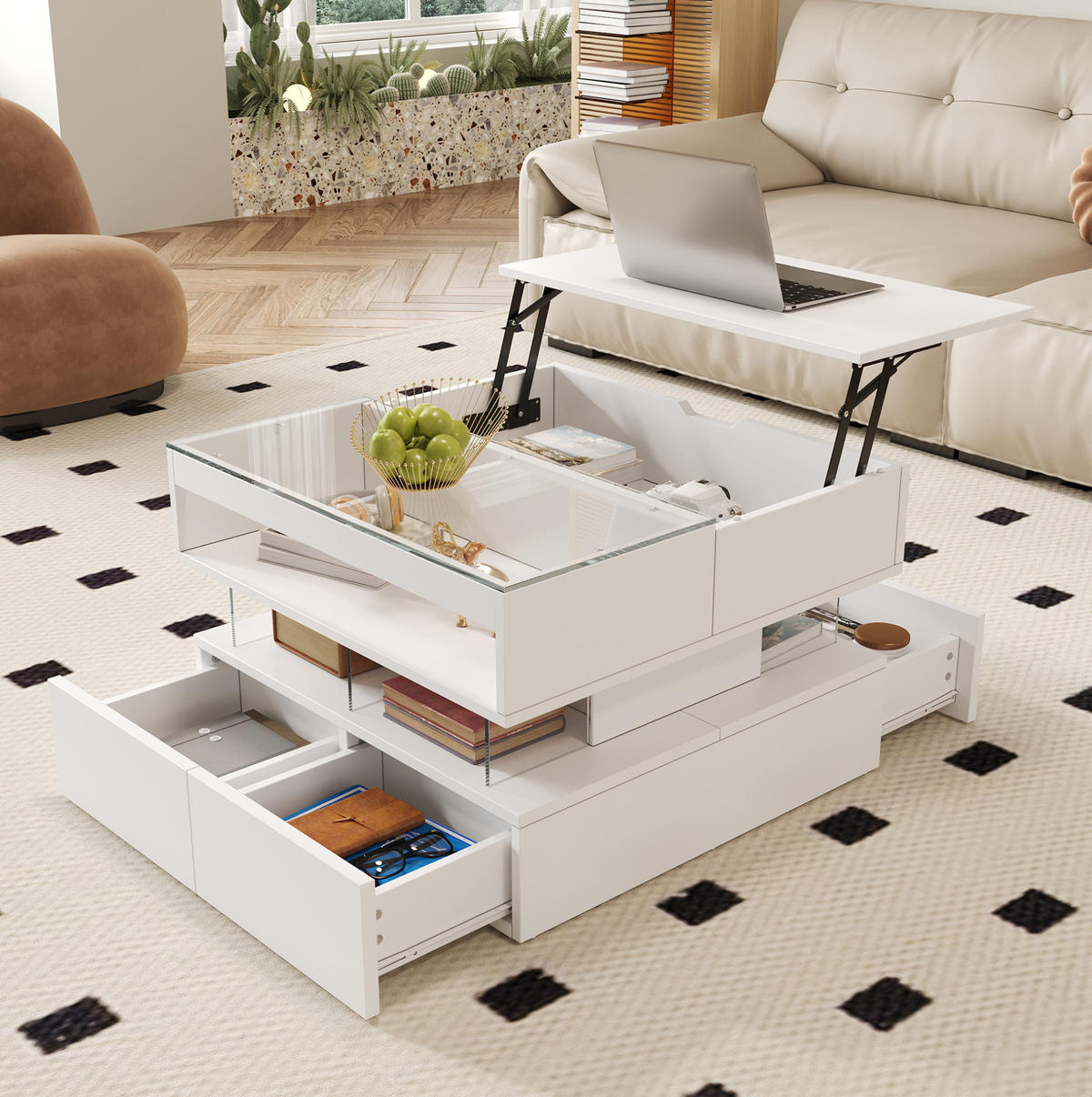 COUCHTISCH 70/67/57 cm weiß aus Spanplatte mit Lift-Top und LED-Beleuchtung - Weiß, Holzwerkstoff (70/70/57cm) - OKMYHOME
