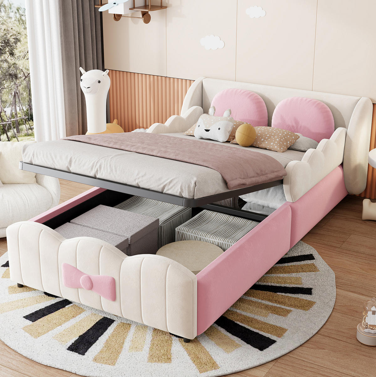KINDERBETT aus Samt 90x200 cm Beige mit hydraulischem Stauraum und 2 Zierkissen - Beige, Textil (90/200cm) - Modfu