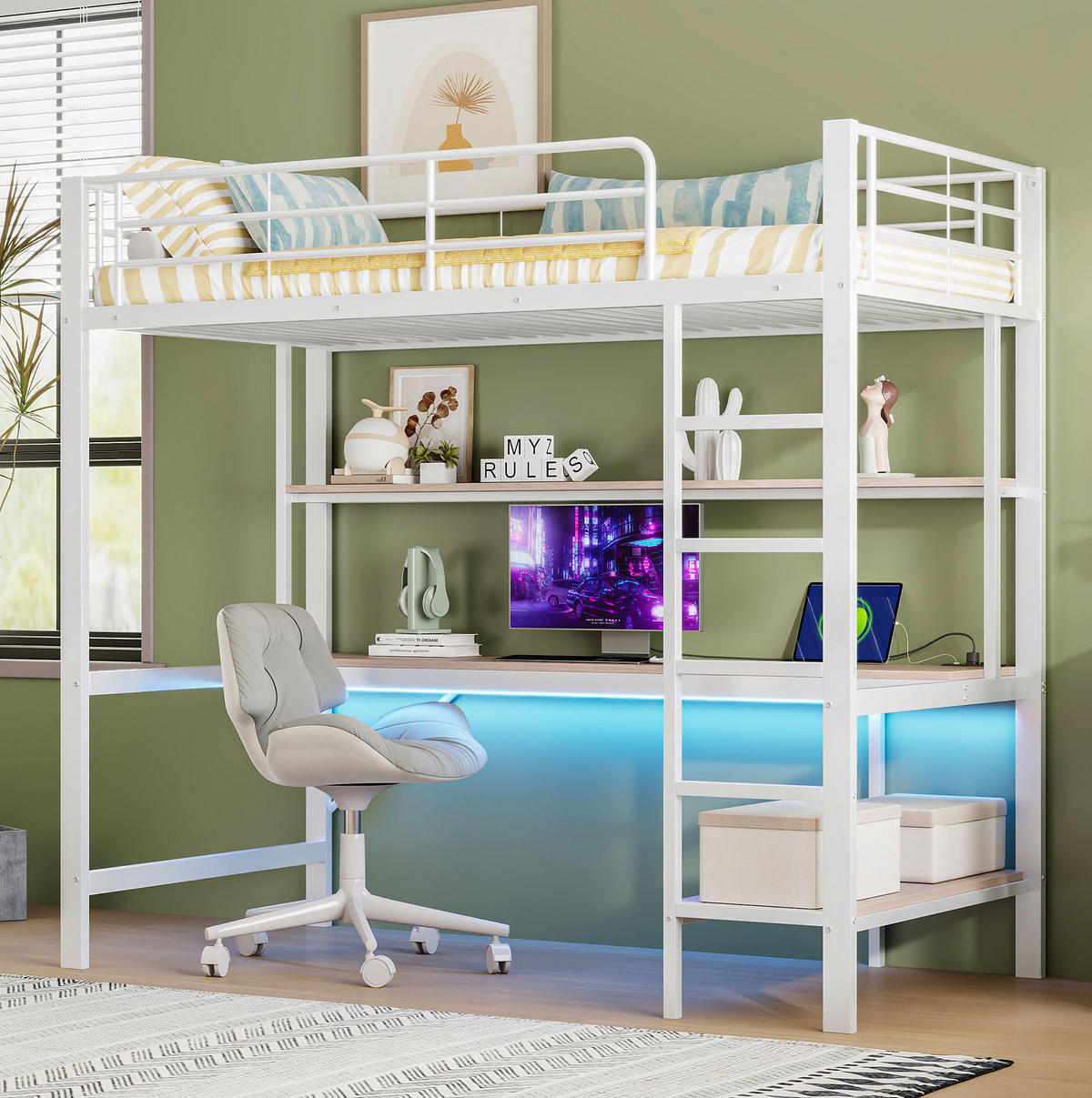 HOCHBETT 90/200 cm in Weiß mit LED-Beleuchtung, Schreibtisch und Regal - Weiß, Metall (90/200cm) - Flora Grace