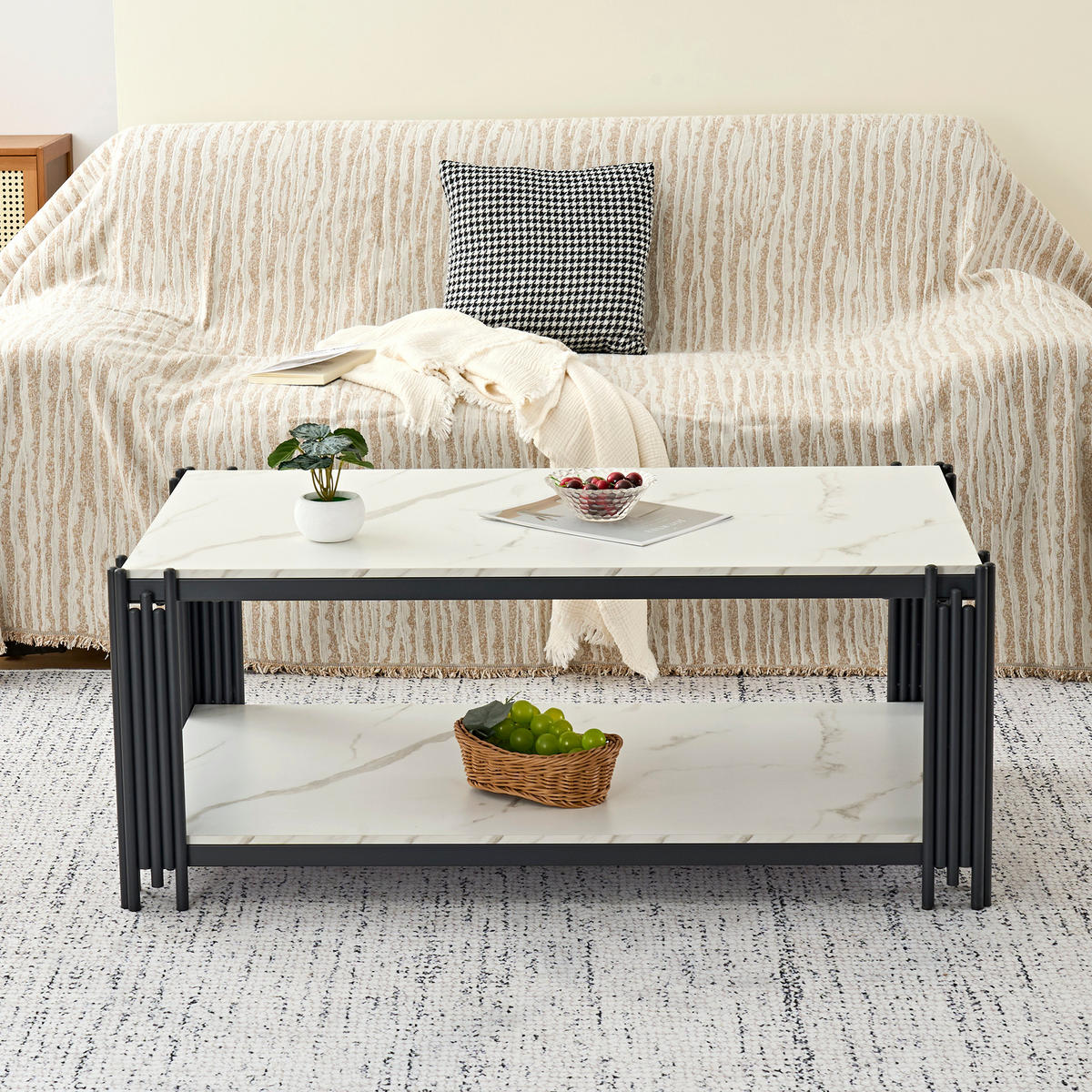 COUCHTISCH mit 2 Ablagen Marmoroptik Weiß-Schwarz - Weiß, Metall (114/64/46cm) - Meubliv