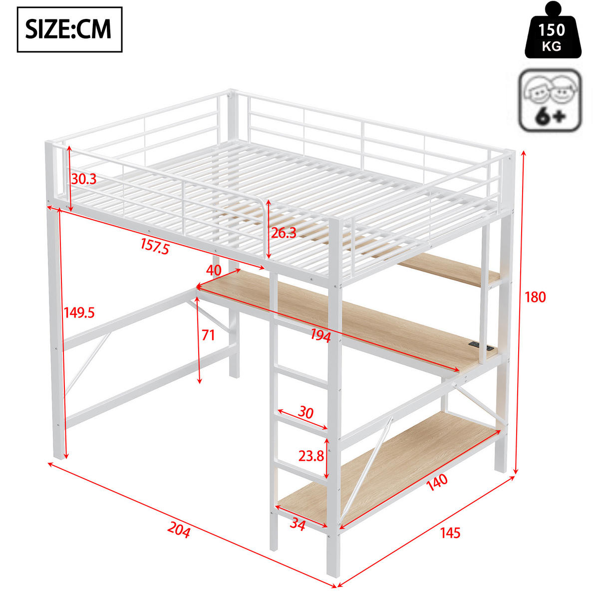 HOCHBETT 140/200 cm Weiß mit LED, USB und Steckdose ohne Matratze - Weiß, Metall (140/200cm) - MIVRAY