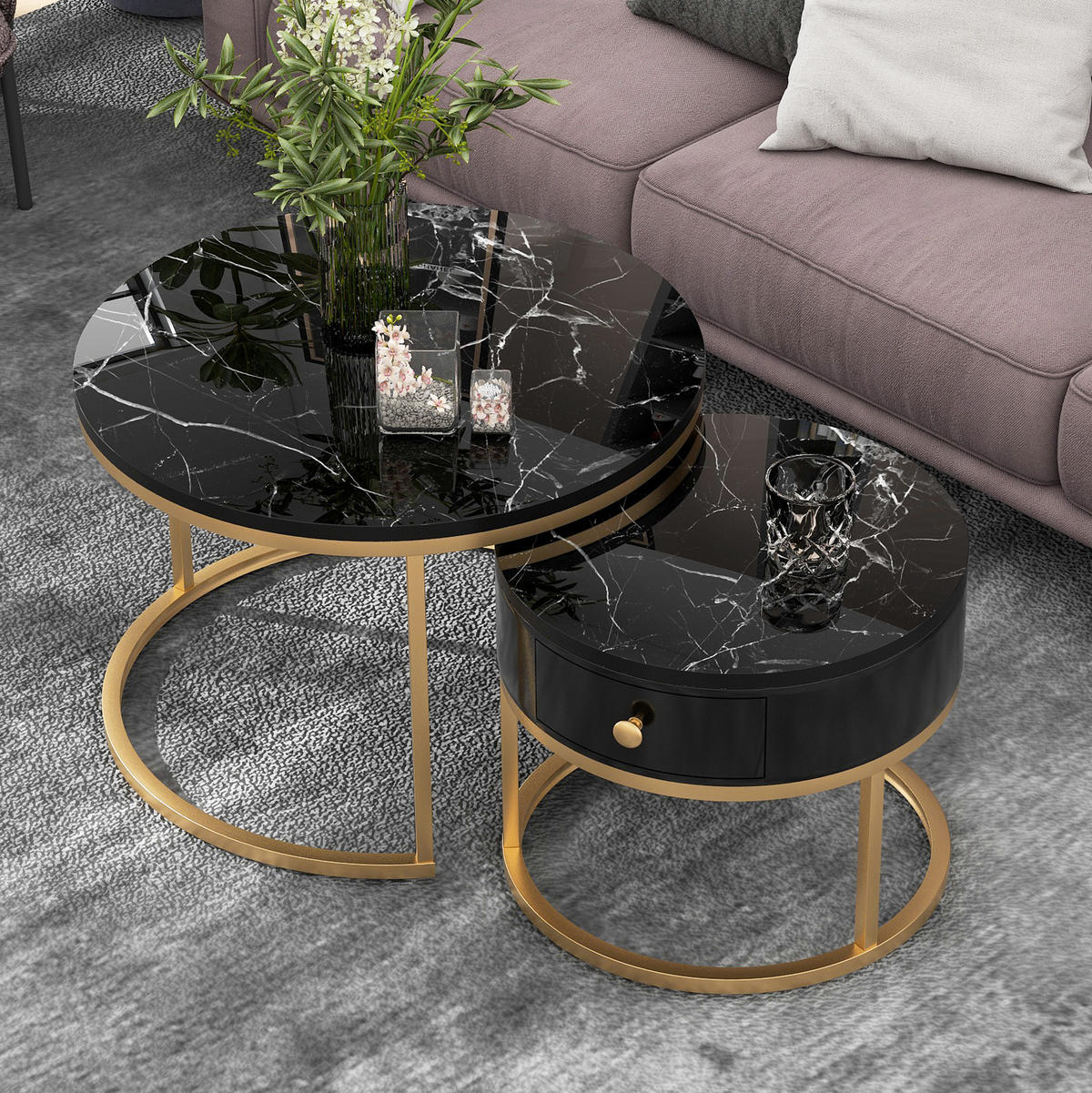 COUCHTISCH-SET 70/70/48 cm Schwarz aus Holzwerkstoff mit Hochglanz-Marmormuster im Nesting-Design - Schwarz, Holzwerkstoff (70/70/48cm) - OKWISH