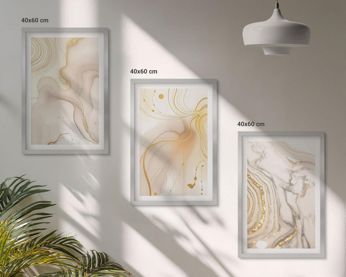 BILDER SET 3er Set - 40x60 cm Silberner Rahmen - Subtile abstrakte Muster - Silberfarben, Kunststoff (40/60cm) - TULUP