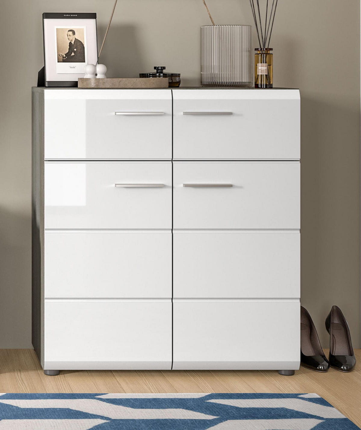 SCHUHKOMMODE SALSA (B/H/T: ca. 80/90/37 cm) in Rauchsilber Nachbildung/weiß hochglanz - Silberfarben, Holzwerkstoff (80/90/37cm)