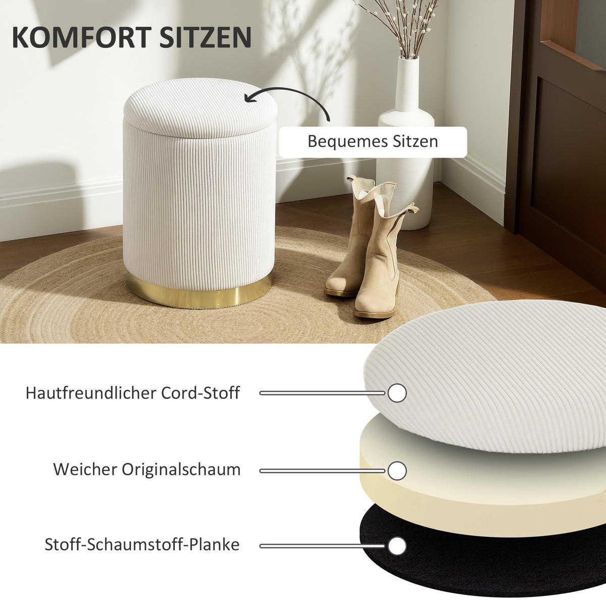 SITZHOCKER mit Stauraum 36 x 36 x 44 cm Cremeweiß - Creme, Textil (36/44/36cm) - HOMCOM