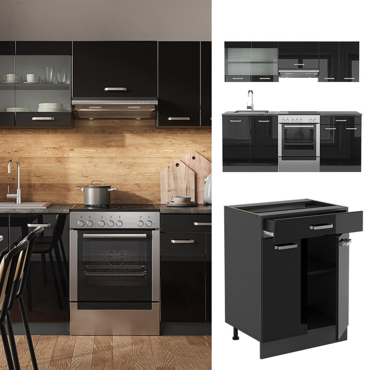 KÜCHENZEILE R-Line Schwarz Hochglanz/Anthrazit 200 cm, AP Marmor - Schwarz Hochglanz/Anthrazit, Holzwerkstoff (200/81.6/60cm) - Vicco