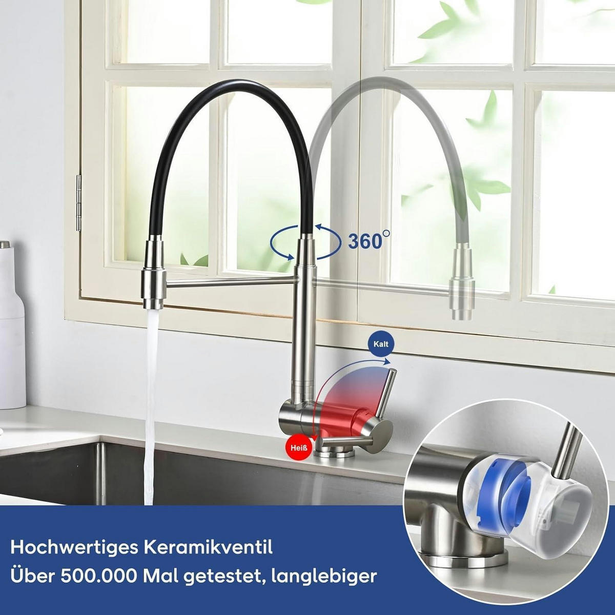 KÜCHENARMATUR ausziehbar klappbar 360° schwenkbar gebürsteter Edelstahl - Silberfarben, Metall (6/42.8/22cm)
