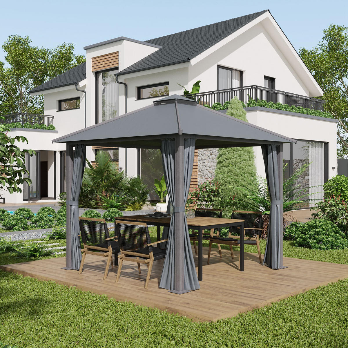 PAVILLON DE-12683 300/300 cm Doppeldach mit 4 Seitenwänden Grau - Dunkelgrau, Metall (296/280/296cm) - ComfortXL