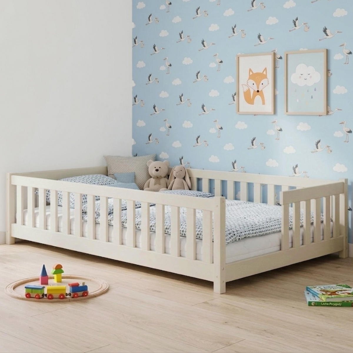 BODENBETT 120x200 cm in Baumwolle - Beige, Holz (120/200cm) - Kids Collective