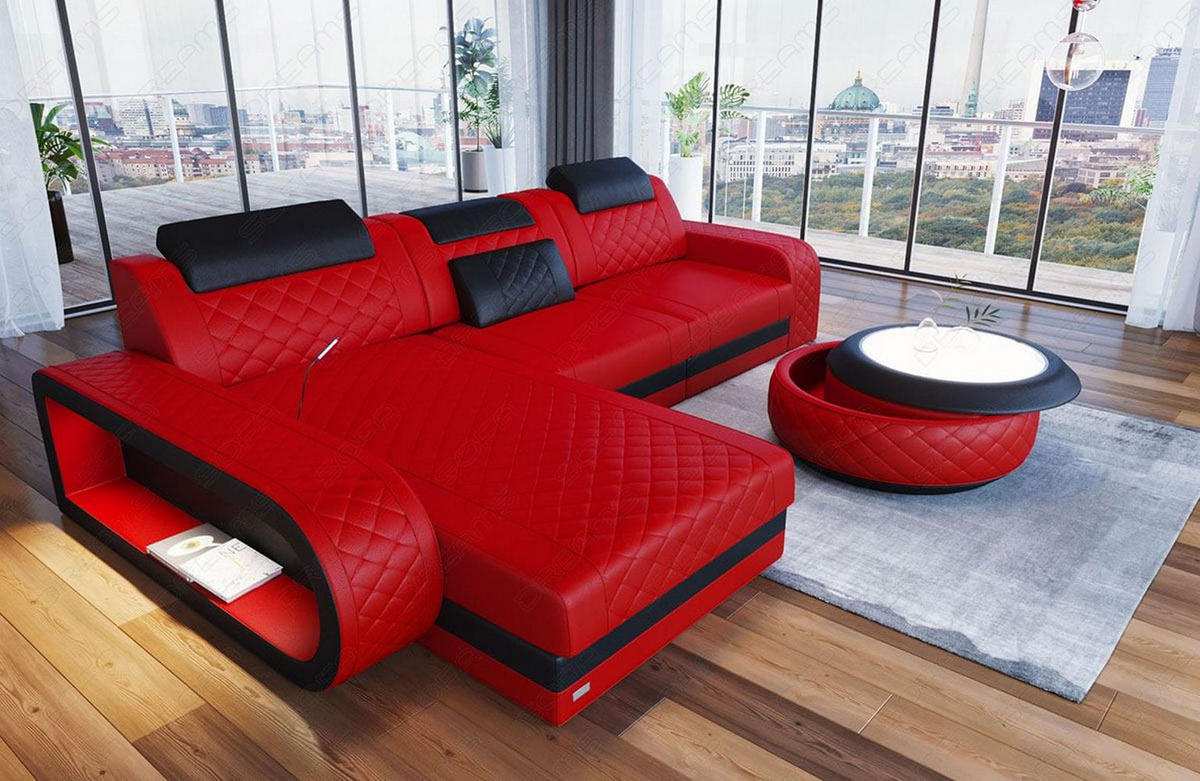 ECKSOFA Sofa Berlin Rot Schwarz Echtleder - Rot, Leder (308/198cm)
