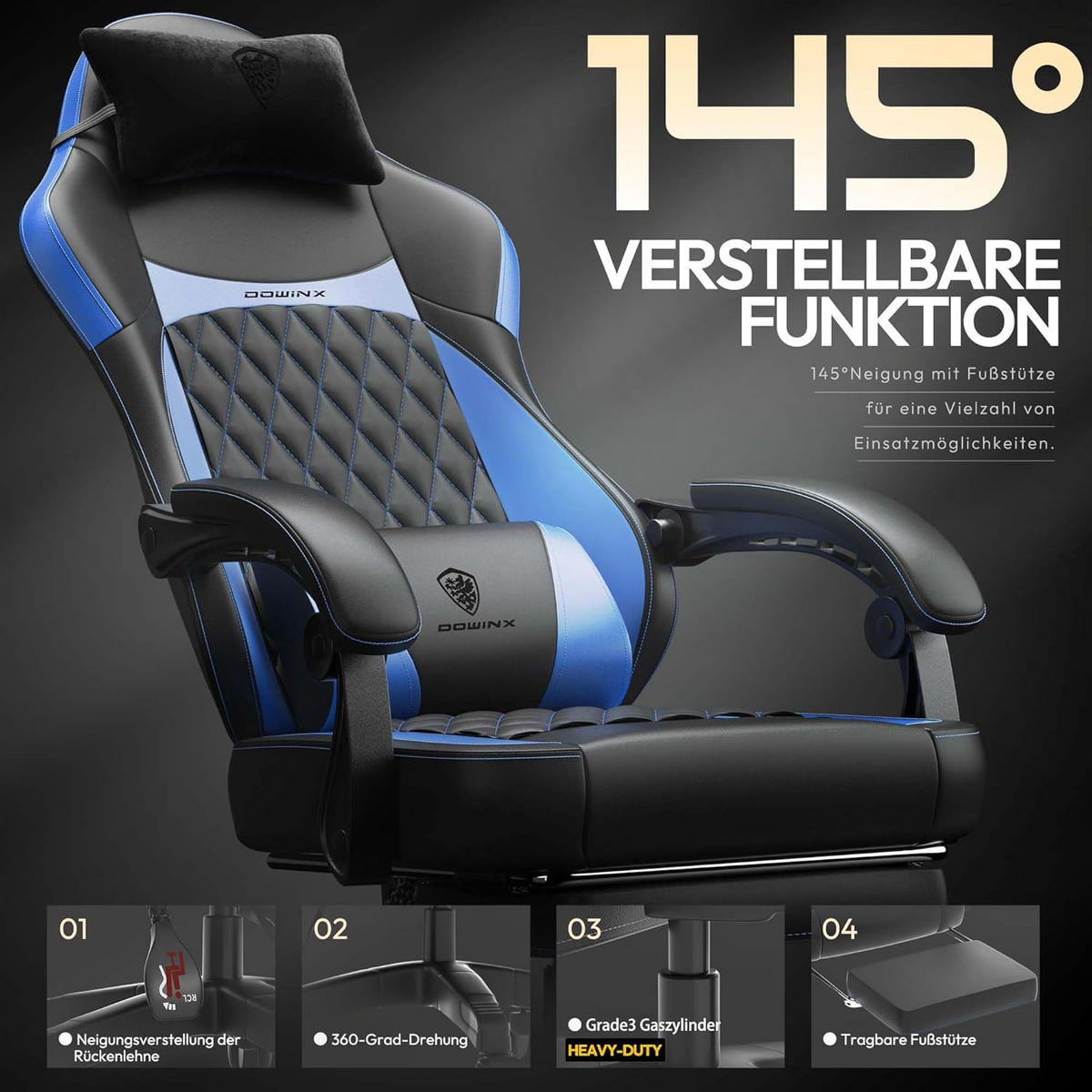 GAMING-STUHL ergonomischer & 150 kg Tragfähigkeit, Fußstütze, PU-Leder - Blau, Leder (65/127/63cm)