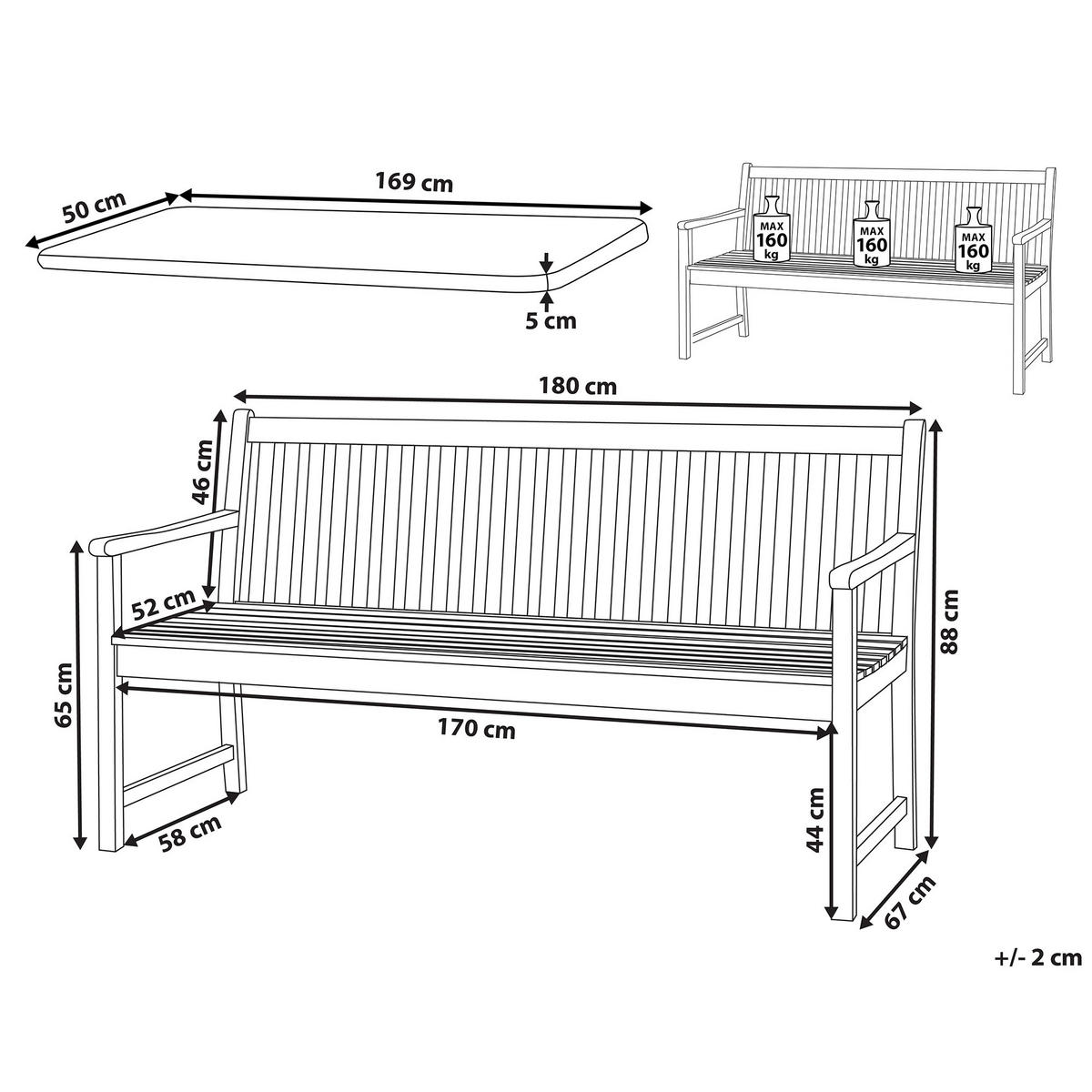 GARTENBANK 3-Sitzer Heller Holzfarbton Vivara - Hellbraun/Rot, Holz (180/88/56cm) - Beliani