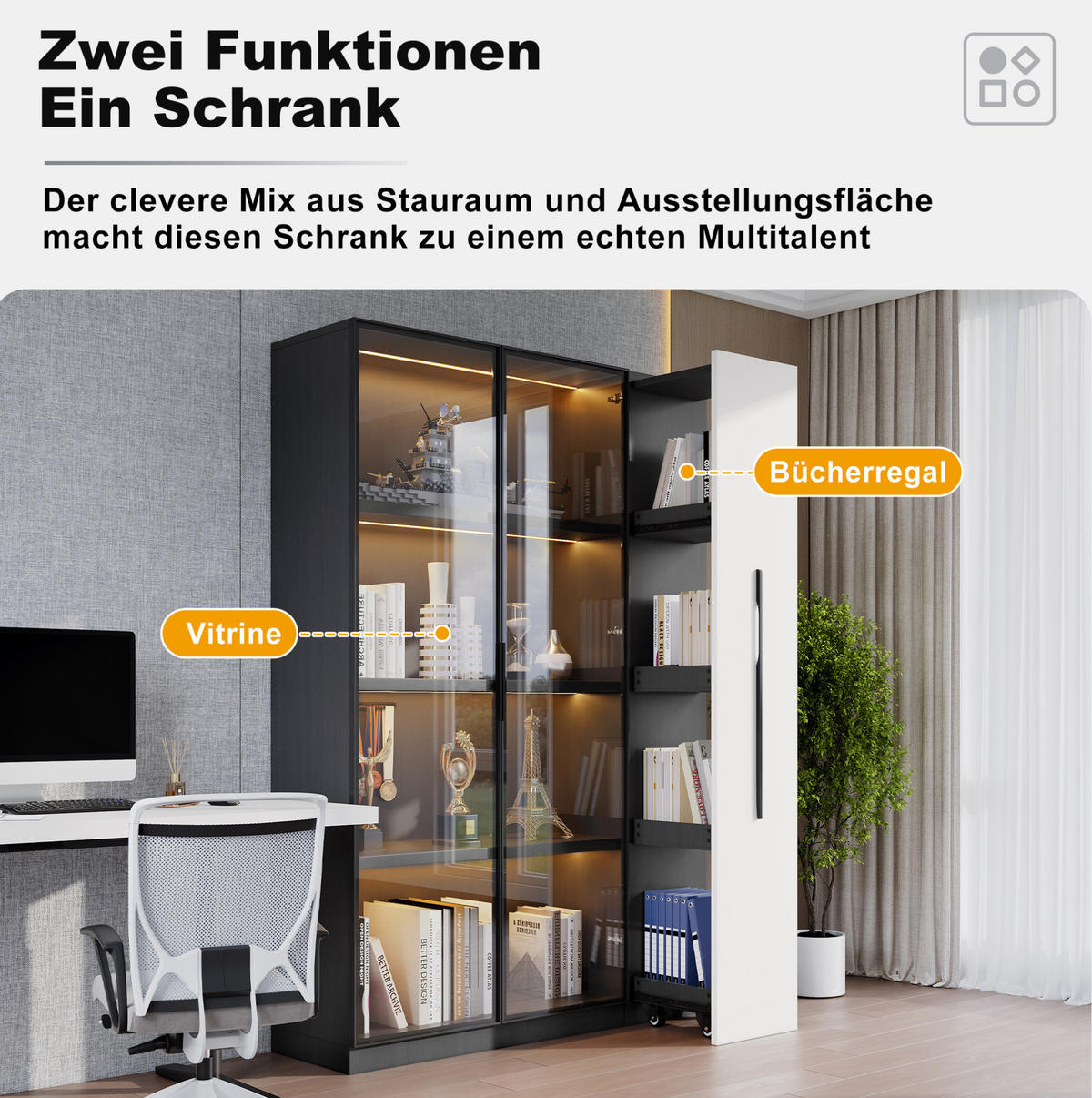 VITRINE 110,5/35/160 cm aus MDF und Glas mit LED-Vitrine und seitlichem Auszug Schwarz/Weiß - Schwarz, Holzwerkstoff (110.5/160/35cm) - Modenvie