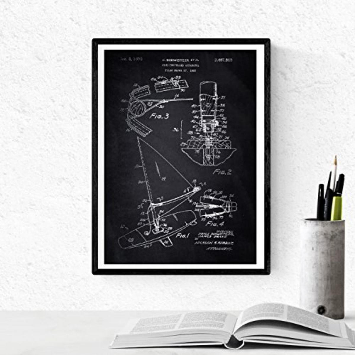 POSTER Set mit 4 Schwarz PATENTEN SURF A4 Schwarzer Rahmen - Schwarz, Papier (29.7/3cm) - Nacnic