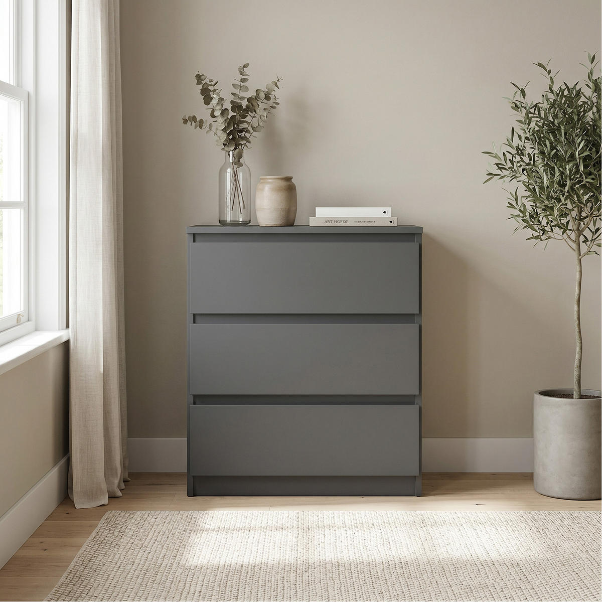 KOMMODE NUDO 70/78,5/39cm mit 3 Schubladen Türen Anthrazit - Anthrazit, Holzwerkstoff (70/78.5/39cm) - MASSENO