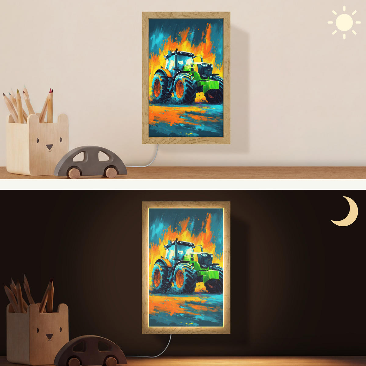 NÁSTĚNNÁ LAMPA Abstrakt - Traktor - Zelený 20x30 cm - tmavě modrá, kompozitní dřevo (20/30/8cm) - OnlyWow