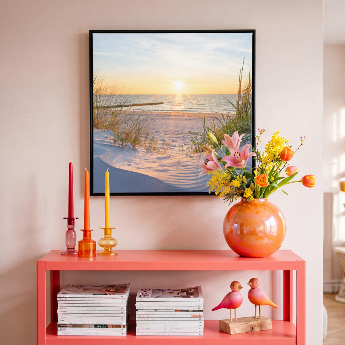 LEINWAND Bilder mit Rahmen - Strand - Sonne - Düne - Gras - Sand - Horizont - 50x50 - Hellblau, Textil (50/50cm) - MuchoWow