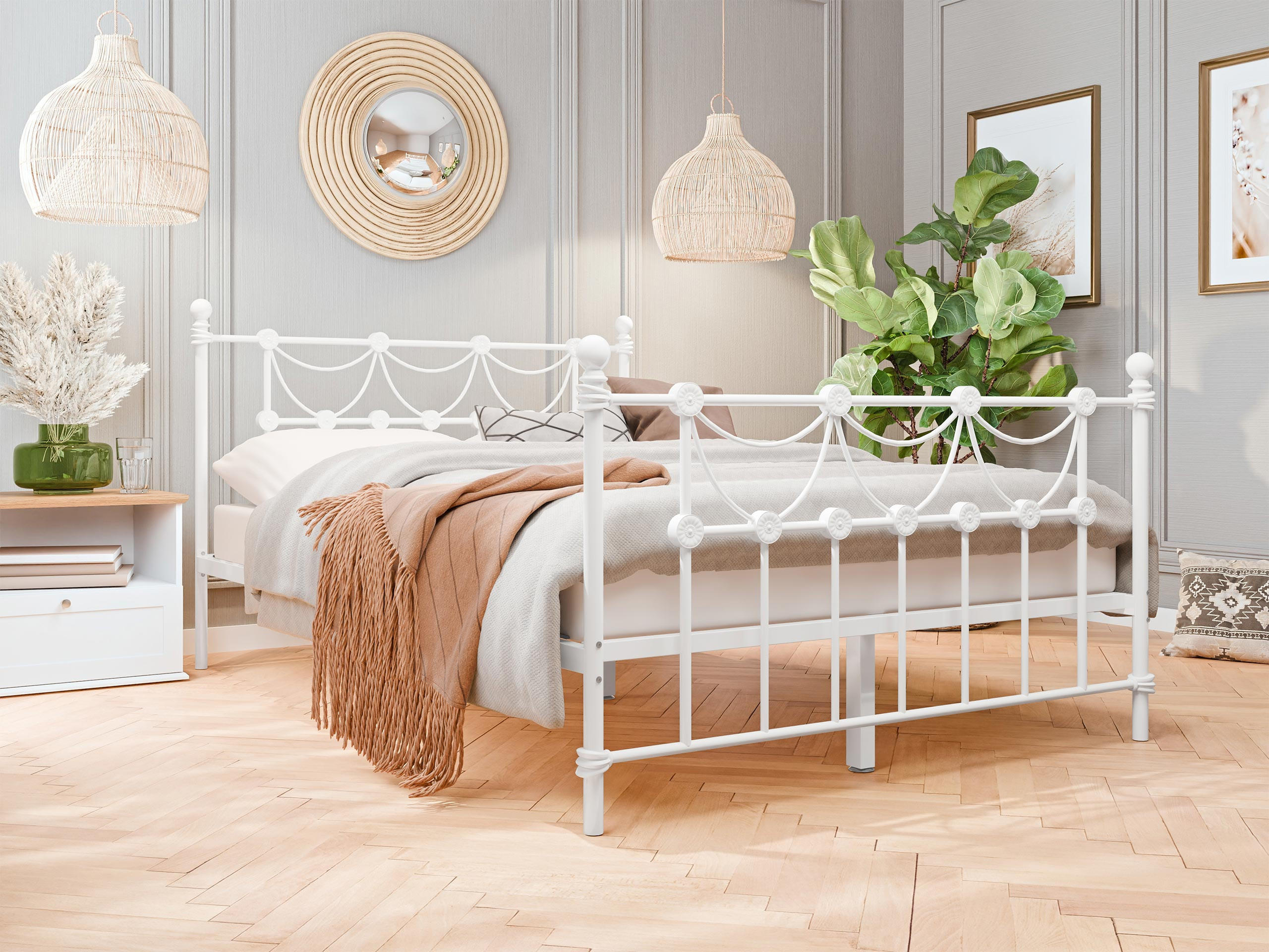 METALLBETT Takezi - Naturfarben/Weiß, Holz/Metall (120/200cm) - MIRJAN24
