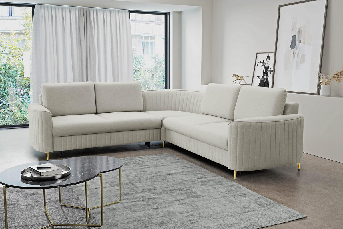 ECKSOFA VELA R-S Hellgrau Velours-Stoff mit Schlaffunktion - Hellgrau, Holz (251/251cm) - MASSENO