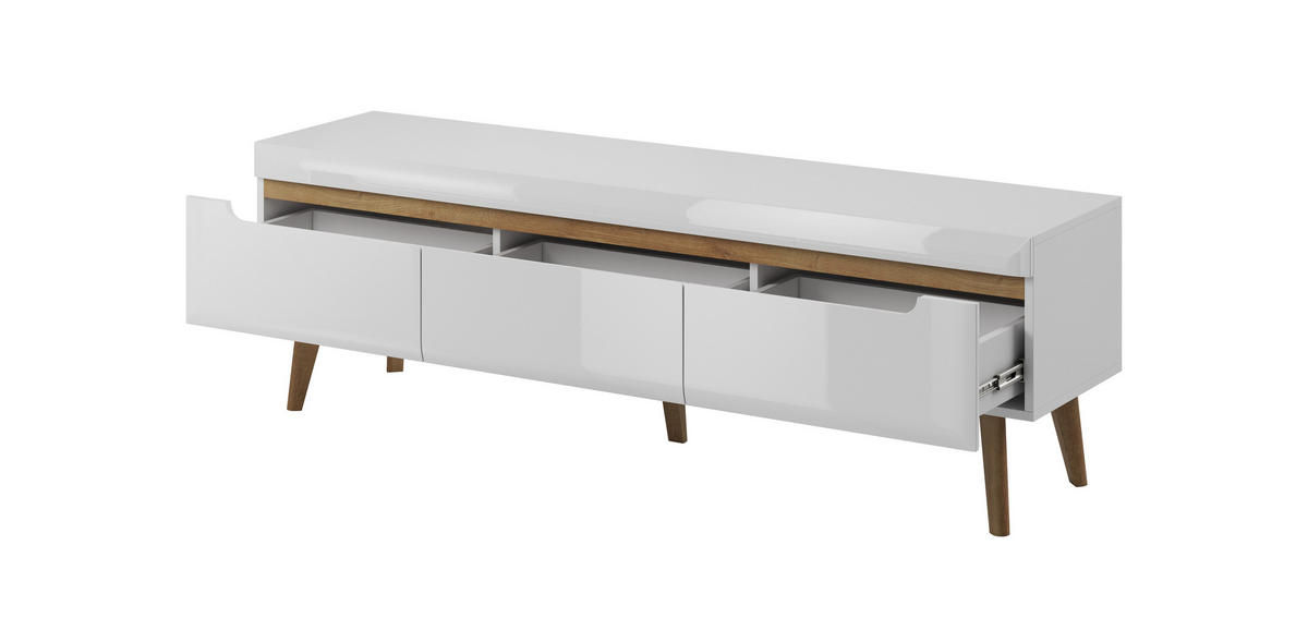 TV-SCHRANK Nodis 160 Weißer Glanz, Eiche Beine, Tv-Tisch - Weiß/Braun, Holzwerkstoff (160/50/40cm) - Bettso